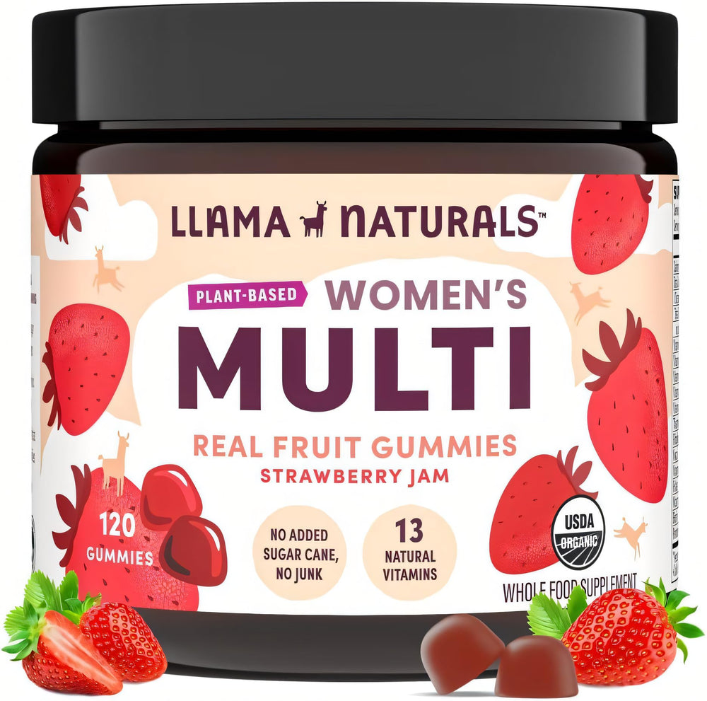 Llama Naturals Women's Multivitamin bottle with strawberry flavor supports daily wellness.