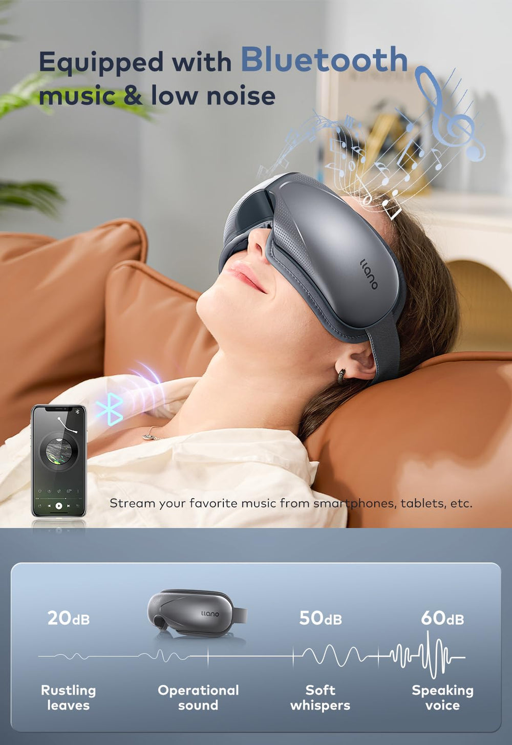 Llano massager with Bluetooth speakers for bedtime relaxation.