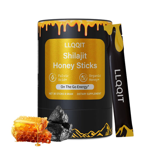 LLQQIT Pure Himalayan Shilajit Honey Stick packaging highlights portable energy support.