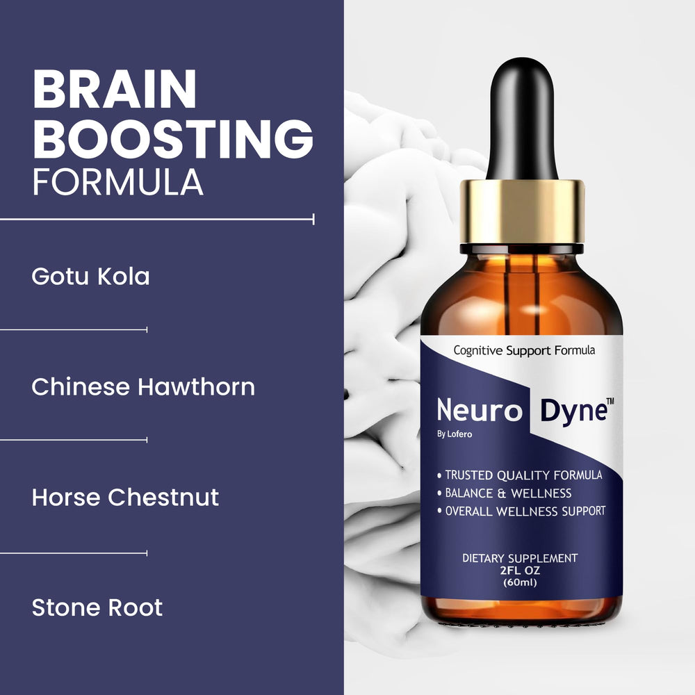 Dropper dispensing NeuroDyne liquid for quick cognitive support