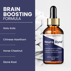 Dropper dispensing NeuroDyne liquid for quick cognitive support
