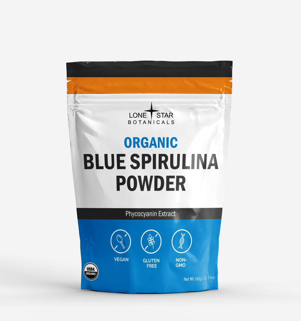 Lone Star Botanicals Blue Spirulina powder bottle with vibrant color for smoothies