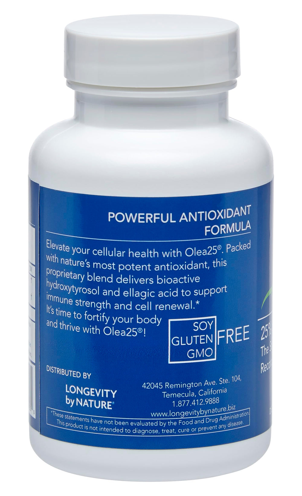 Longevity by Nature olive leaf extract capsules packaging illustrating plant-based wellness.