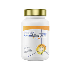 Longevity Labs+ spermidineLIFE Extra+ bottle close-up for plant-based cellular support.