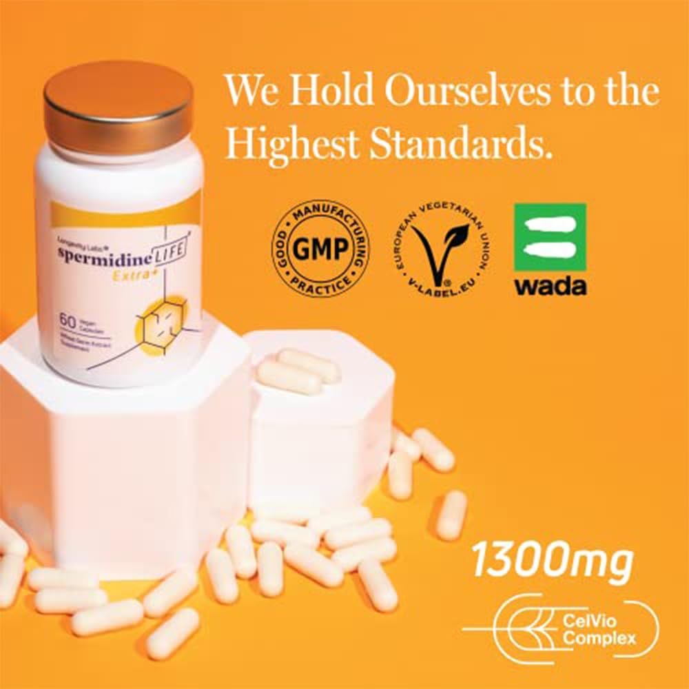 Longevity Labs+ spermidineLIFE Extra+ vegan-friendly formula free from GMOs and artificial additives.