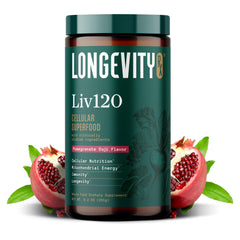 Longevity Rx Liv120 bottle front emphasizes antioxidant blend for daily vitality.