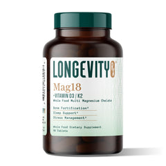 Longevity Rx Mag18 bottle demonstrates peptide-bound magnesium for cellular support and easy daily use.