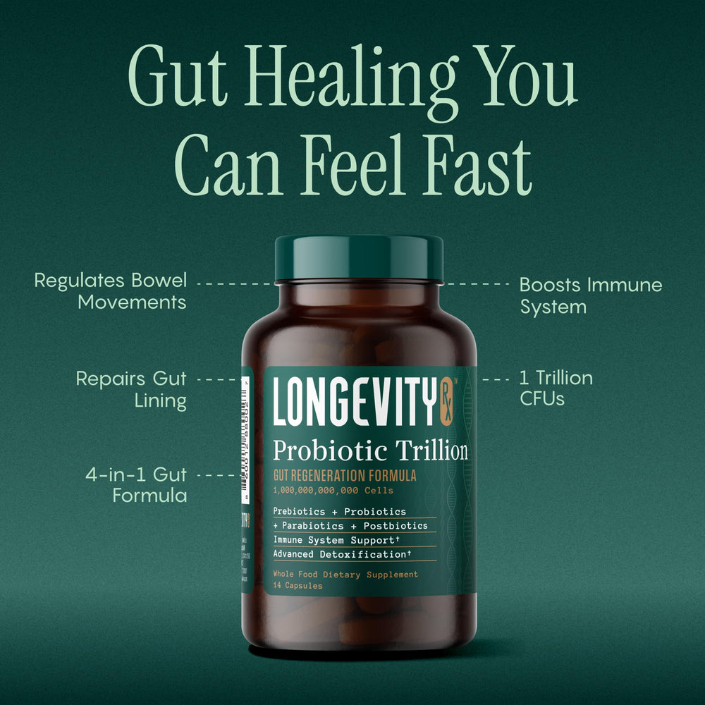Longevity RX Probiotic Trillion label close-up highlights AB-22 strain for gut resilience