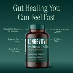 Longevity RX Probiotic Trillion label close-up highlights AB-22 strain for gut resilience
