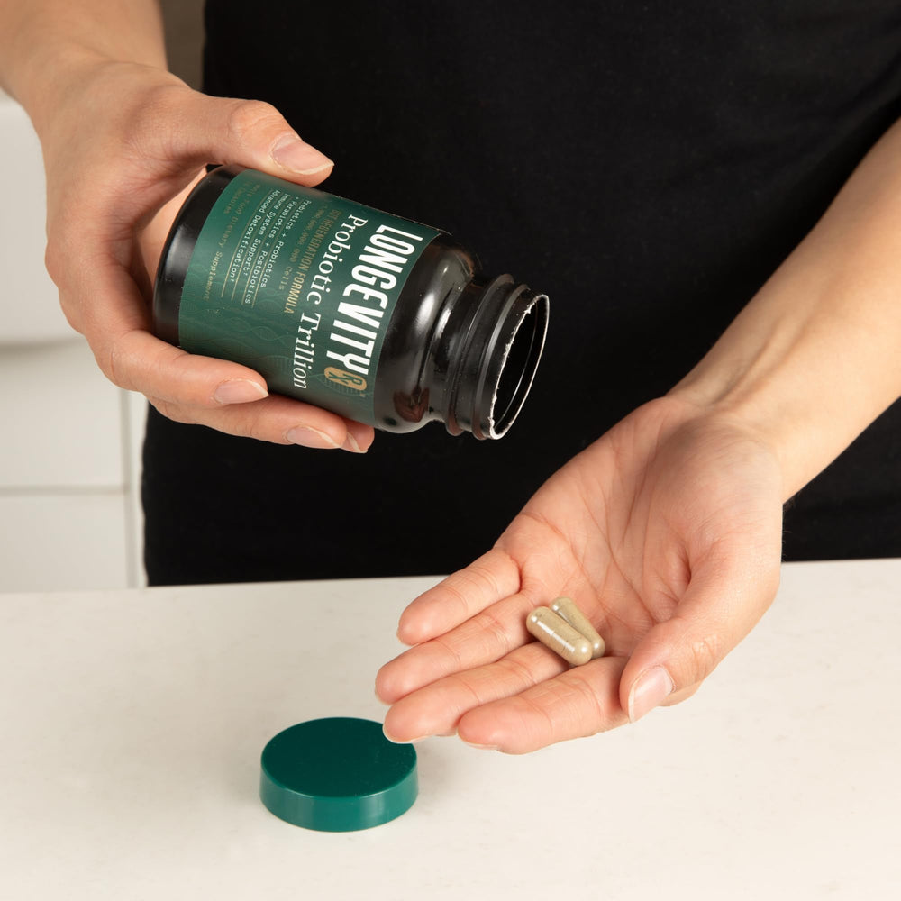 Longevity RX Probiotic Trillion packaging on shelf communicates a convenient 30-day supply