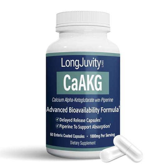 LongJuvity Calcium AKG time-release bottle front shows steady delivery.