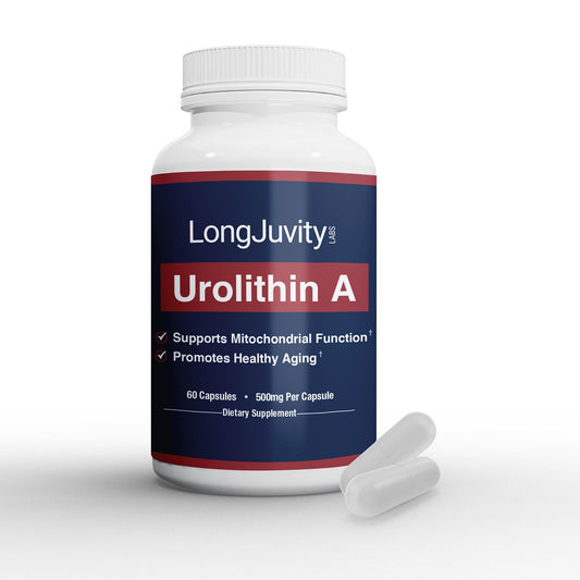 LongJuvity Labs Urolithin A bottle supports daily energy and focus.