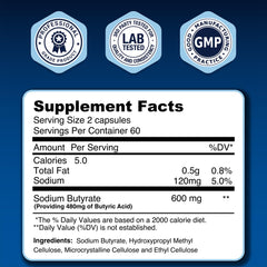 LongJuvity Sodium Butyrate packaging back label highlights ingredients and QA