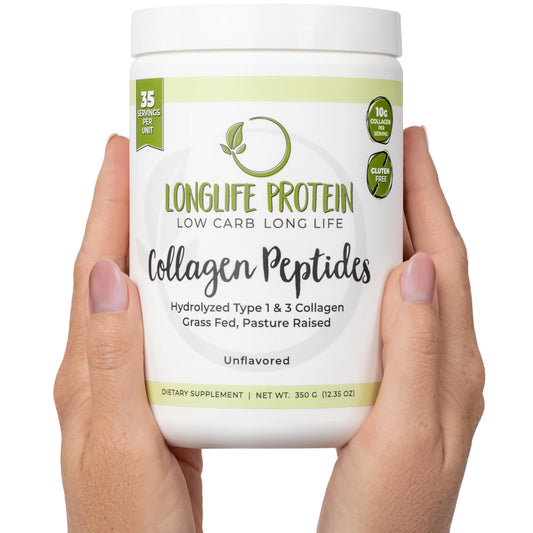 Longlife Protein Collagen Peptides unflavored tub for versatile mixing in beverages.