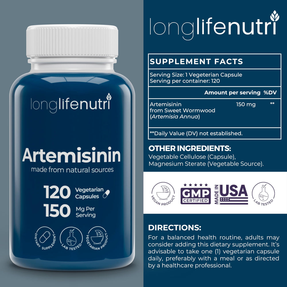 LongLifeNutri Artemisinin 150mg capsules closeup highlighting vegetarian capsules.