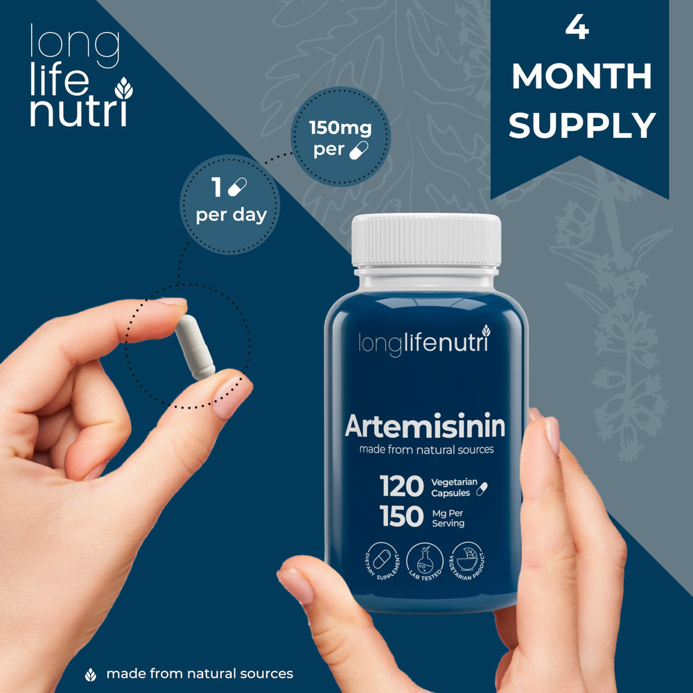USA-made LongLifeNutri Artemisinin bottle on a kitchen counter.