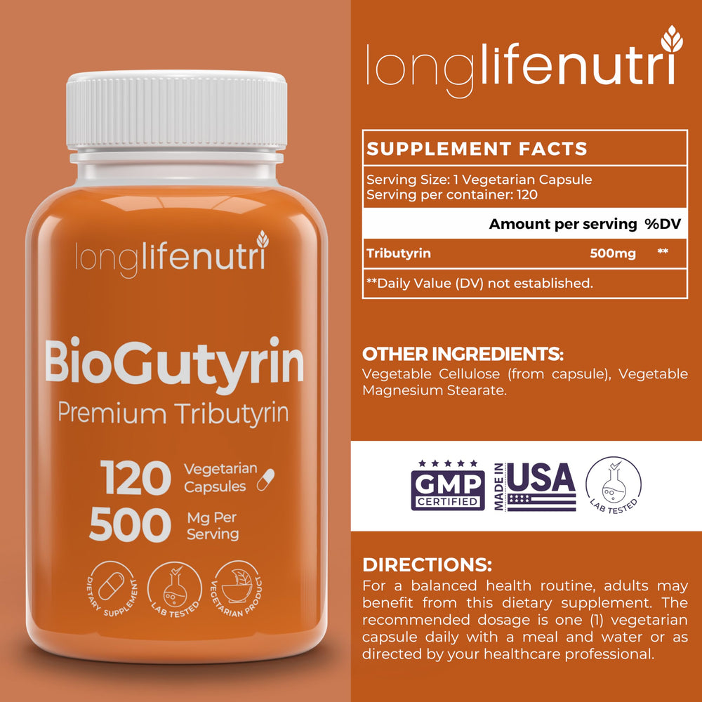 Close-up of BioGutyrin capsules highlighting 500mg tributyric content.