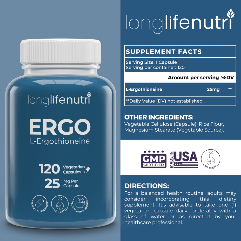 LongLifeNutri L-Ergothioneine 25mg capsules arranged for convenient daily supplementation.