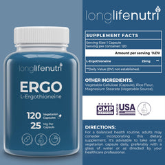LongLifeNutri L-Ergothioneine 25mg capsules arranged for convenient daily supplementation.