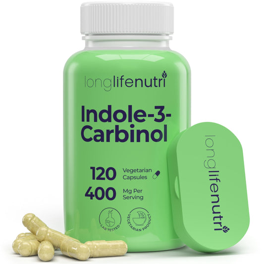 LongLifeNutri Indole-3-Carbinol bottle and label highlight purity for daily use