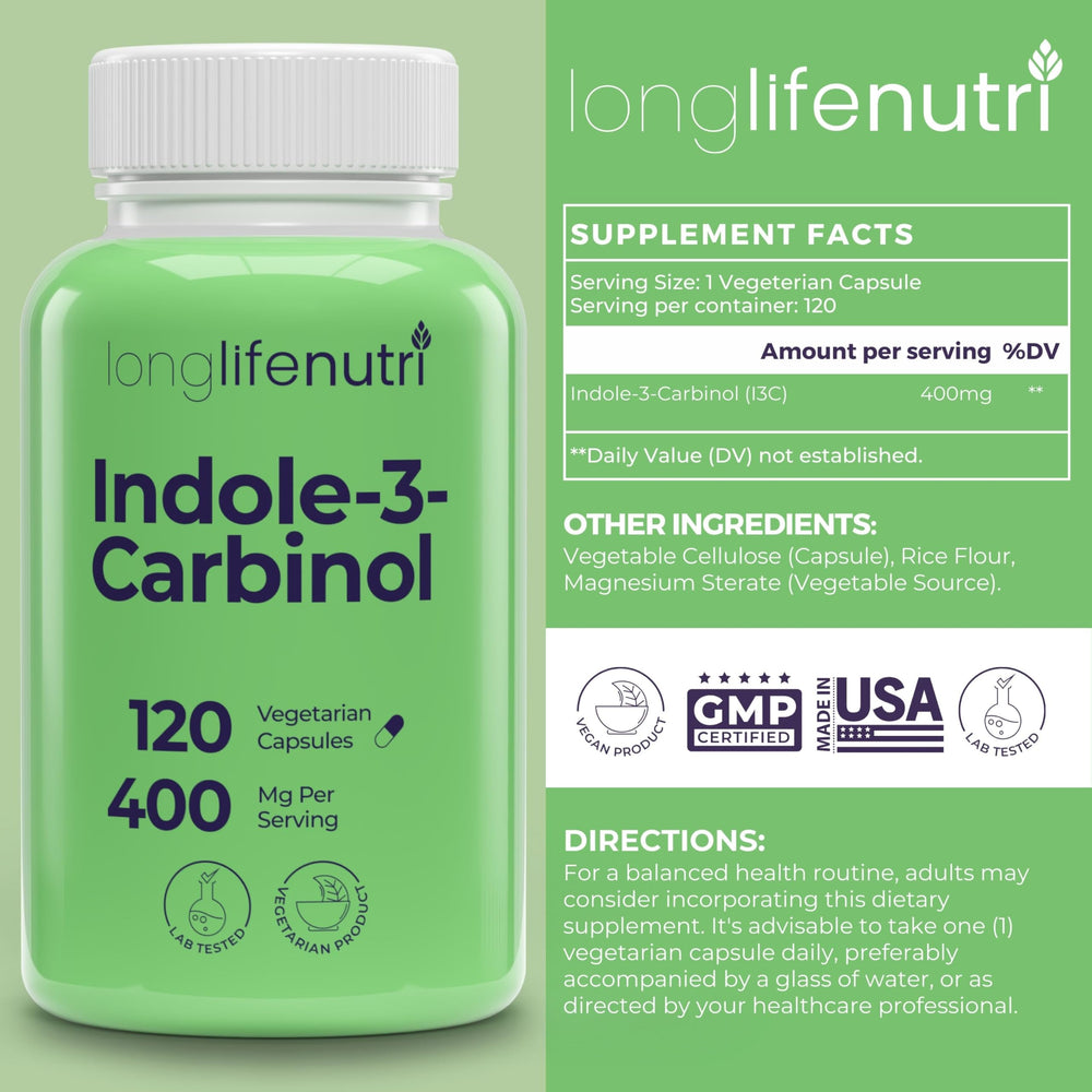 LongLifeNutri Indole-3-Carbinol capsules closeup, showcasing vegetarian format for daily wellness
