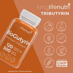 Packaging of BioGutyrin with nutrition details and a 4-month supply.