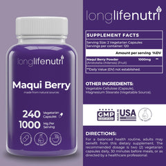 LongLifeNutri Maqui Berry capsules close-up, showcasing vegan, non-GMO formula.