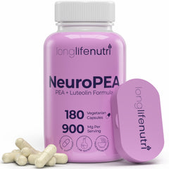 LongLifeNutri NeuroPEA bottle showing 180-capsule supply for daily use