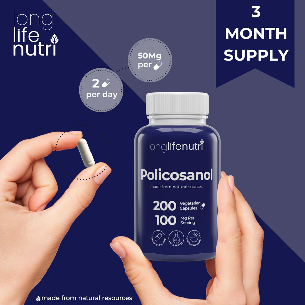 Lab-tested seal on LongLifeNutri Policosanol 100mg bottle ensures quality