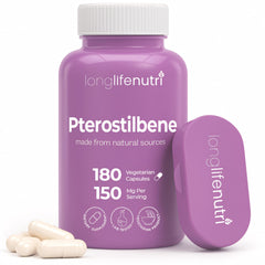 LongLifeNutri Pterostilbene bottle showing 150 mg per serving for daily energy