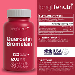 Closeup of LongLifeNutri Quercetin Bromelain capsules highlighting vegan formula