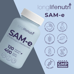 LongLifeNutri SAM-e 400mg bottle with dosage instructions visible