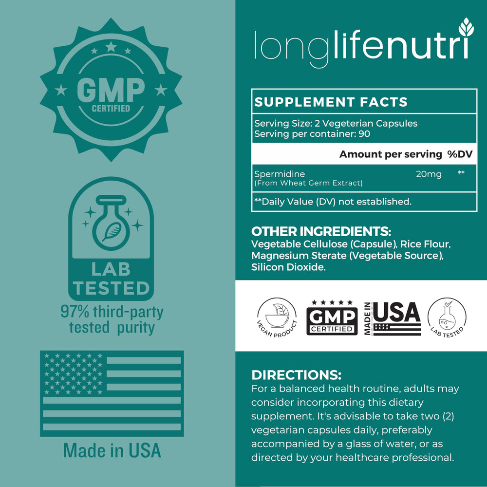 LongLifeNutri Spermidine 20mg bottle back: clear ingredient and usage details