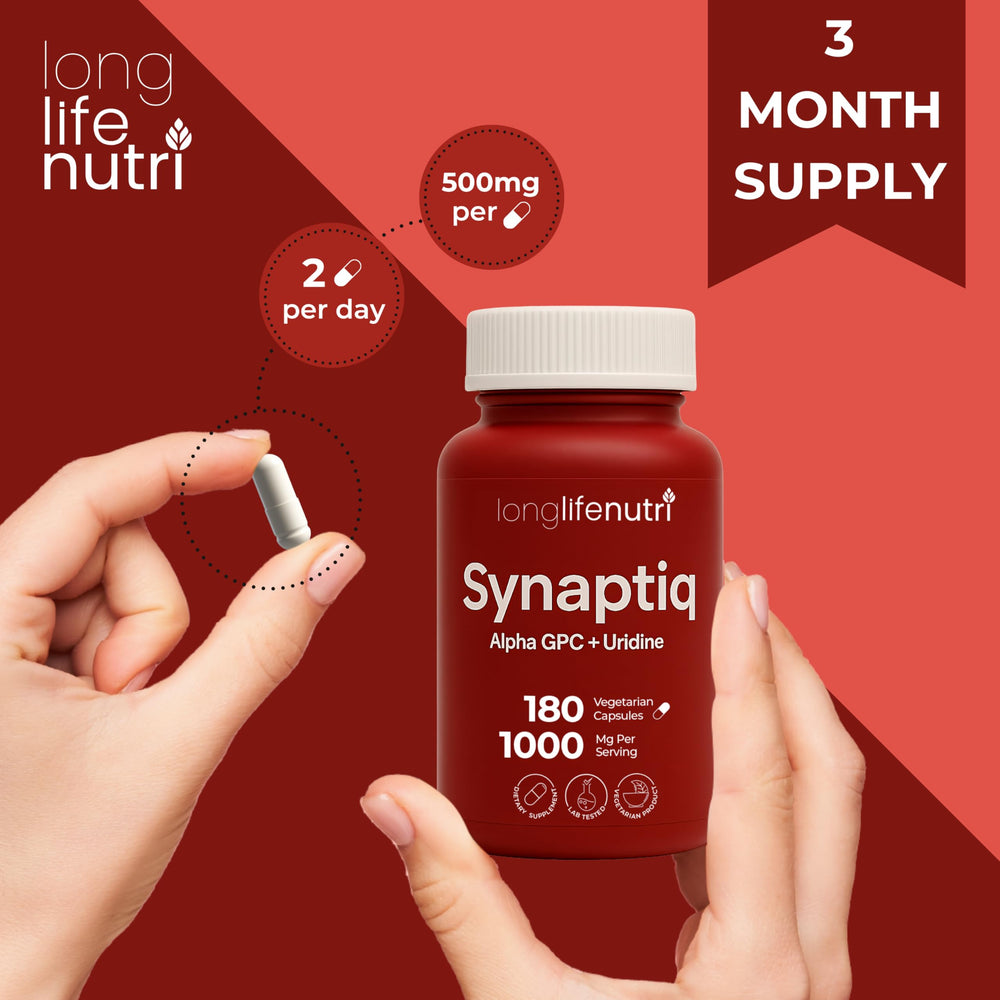 Synaptiq capsules close-up with GMP badge for quality.