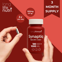 Synaptiq capsules close-up with GMP badge for quality.