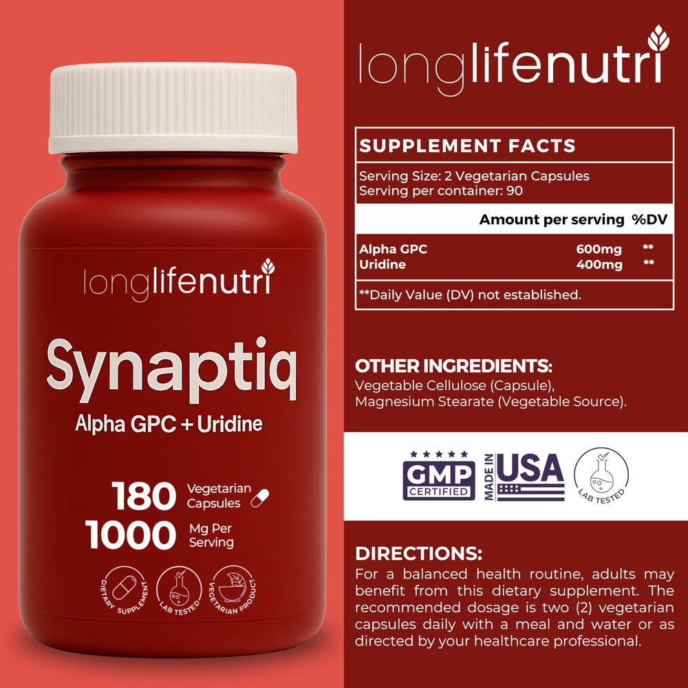 Synaptiq capsules close-up highlighting Alpha GPC and Uridine for cognitive support.