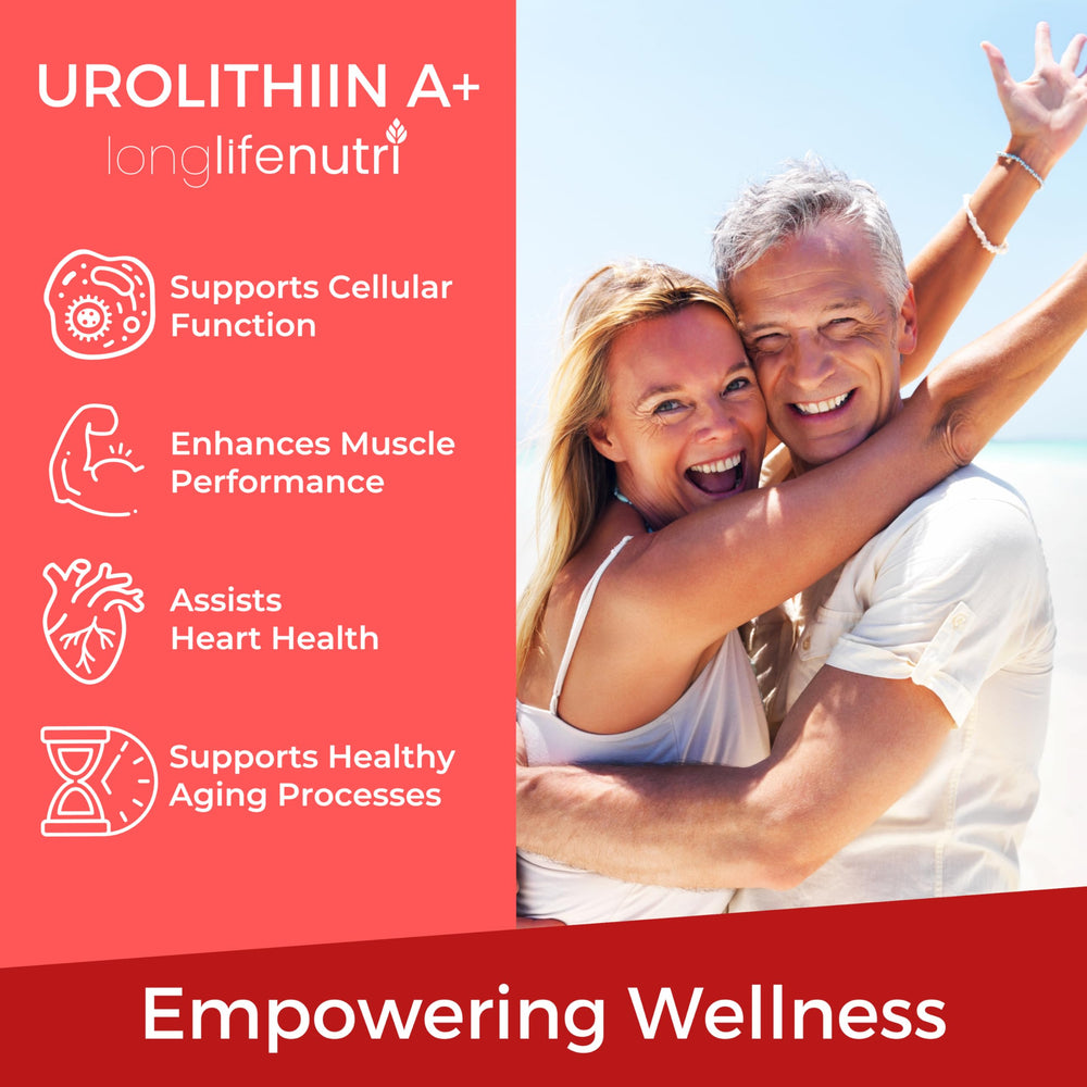 LongLifeNutri Urolithin A+ capsules with organic pomegranate extract, rich in natural antioxidants.