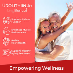 LongLifeNutri Urolithin A+ capsules with organic pomegranate extract, rich in natural antioxidants.