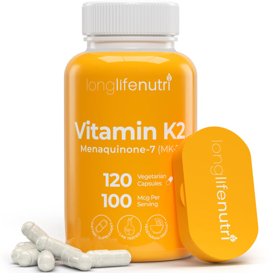 LongLifeNutri Vitamin K2 MK-7 bottle showing the vegan, non-GMO formula and daily use benefit