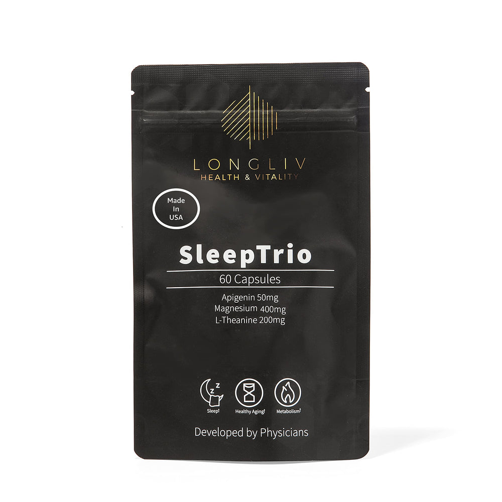 LongLiv Sleep Trio bottle front with capsules promotes a calm evening routine.