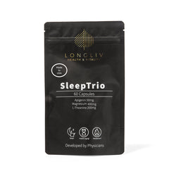 LongLiv Sleep Trio bottle front with capsules promotes a calm evening routine.