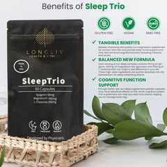 LongLiv Sleep Trio capsules close-up showing dosage of magnesium bis-glycinate.