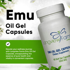 Longview Farms emu oil gel capsules label close-up showing purity.