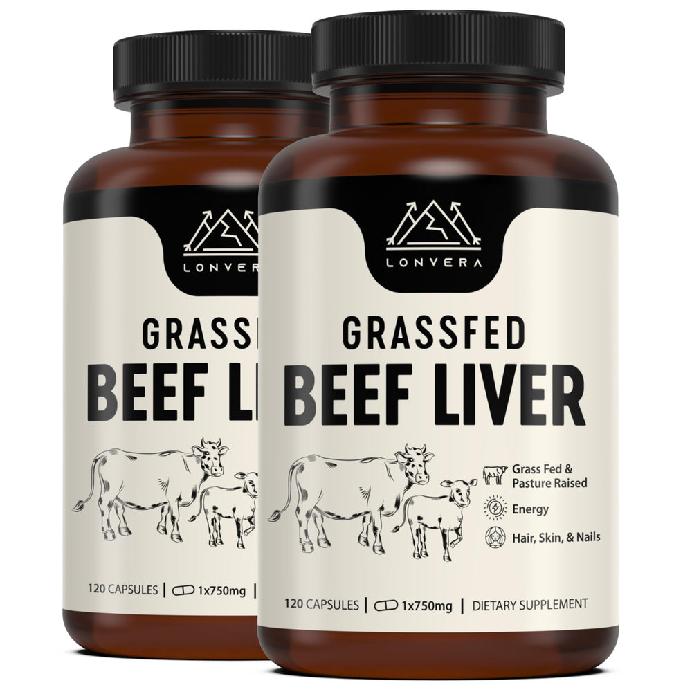 Lonvera grass-fed beef liver capsules bottle on countertop supports daily wellness.