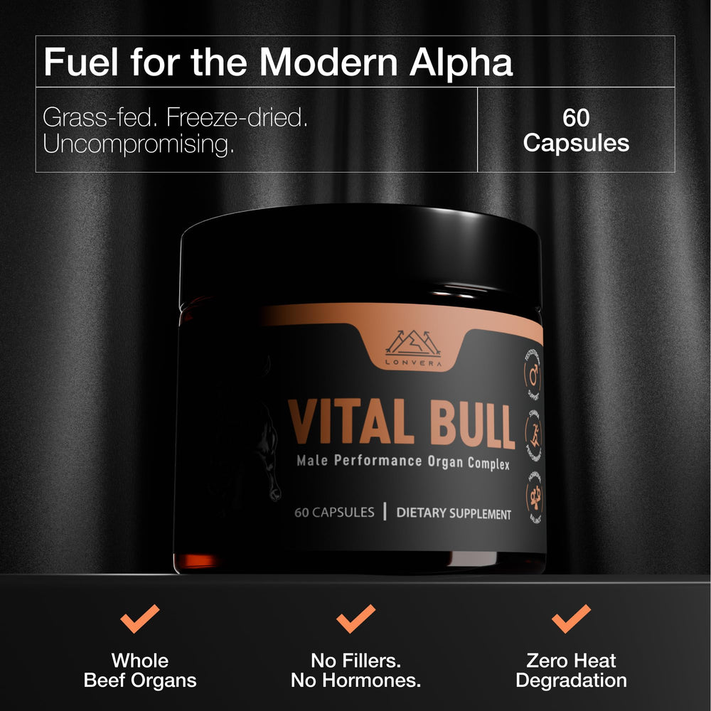 Lonvera Vital Bull grass-fed liver capsules highlight nutrient-dense support.