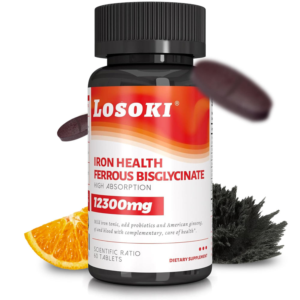 Losoki iron bisglycinate 20mg bottle on a clean counter for daily energy.
