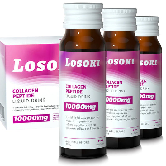 Losoki Liquid Collagen bottle front view, signaling a daily wellness routine.