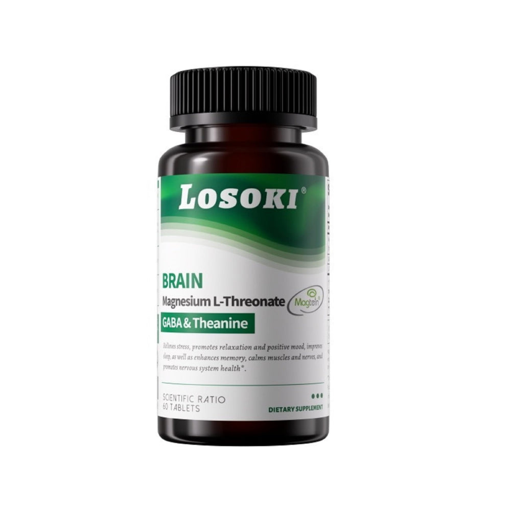 Losoki Magnesium 60 tablets bottle shown, signaling stress relief and sleep improvement