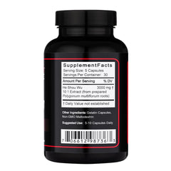 Lost Empire Herbs He Shou Wu capsules bottle back shows dosage and purity info.