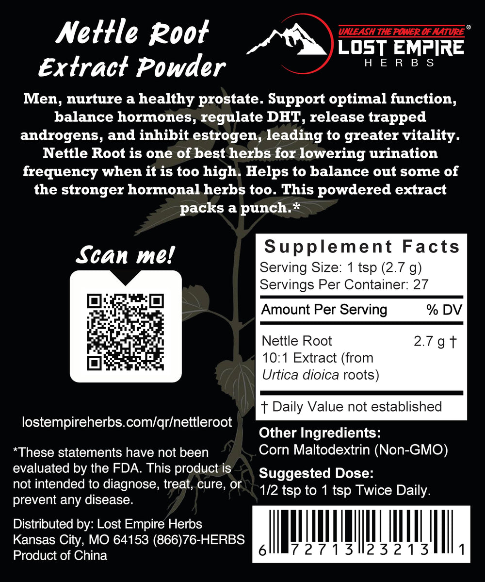 Lost Empire Herbs nettle root powder bag highlighting concentrated extract.